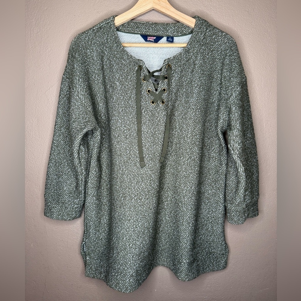 Lands End Women's Green Knit Pullover Sweater 3/4 Sleeves Lace Up Detail Size M